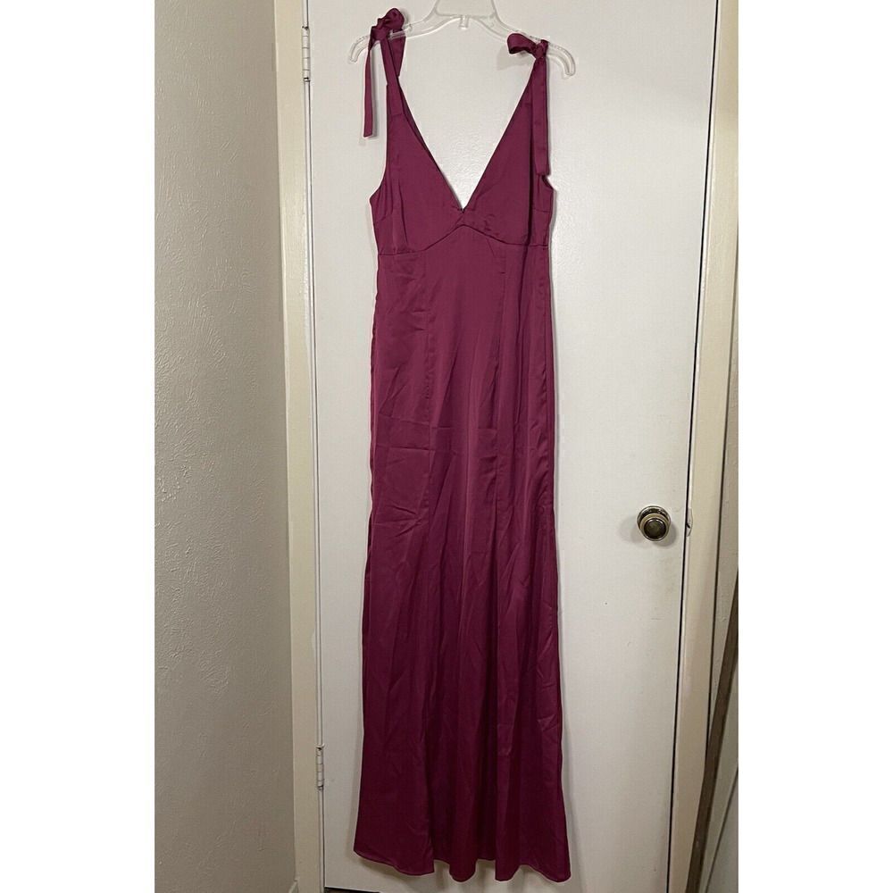 NEW MANIJU Magenta v neck plunge maxi gown dress tie shoulders size small